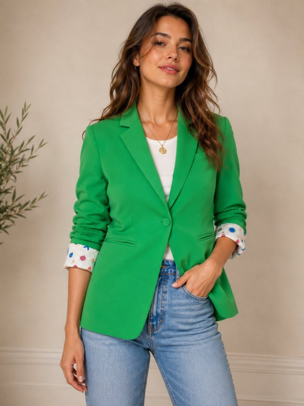 Vilagallo Kelly Green Blazer Printed Lining Tailored Jacket Size 40 6